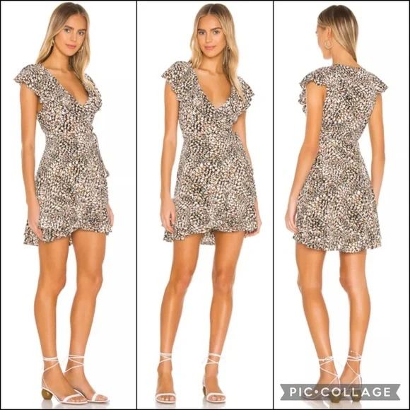 Free People Abstract Dot Flutter Sleeve Tiered Ruffle Wrap Mini Dress - Picture 3 of 14